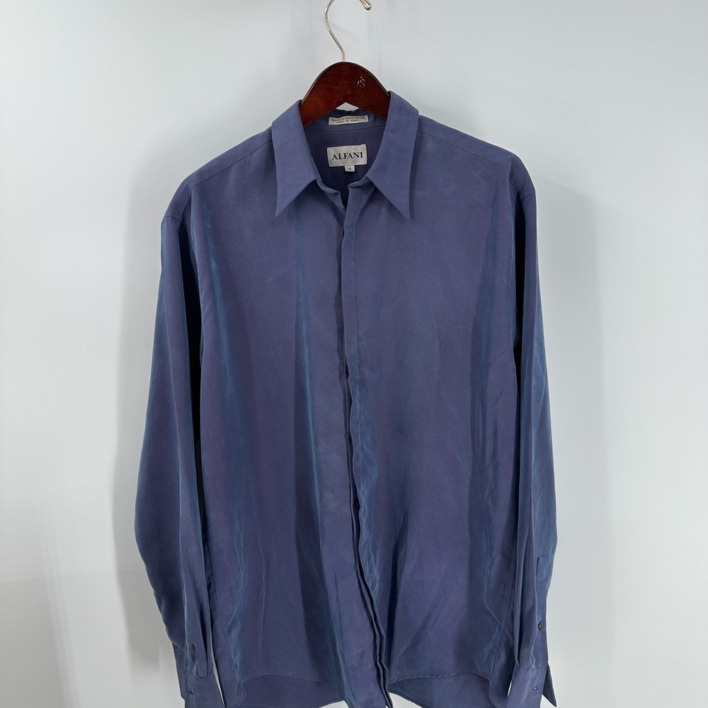 Alfani Solid Stretch Long Sleeve Regular-Fit Button-Up Shirt Navy Blue Size M